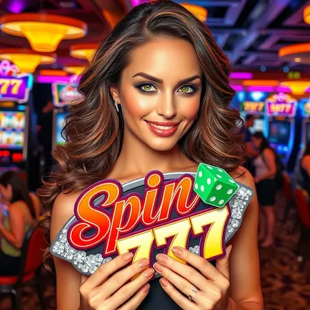 Spin 777 gaming platform featuring slot machines, dice, cards, and poker chips